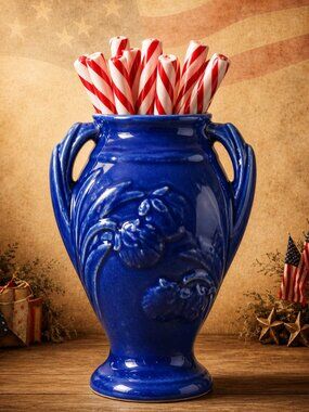 Shawnee Pottery Cobalt Blue Vase Handles Floral Design Decor Accent